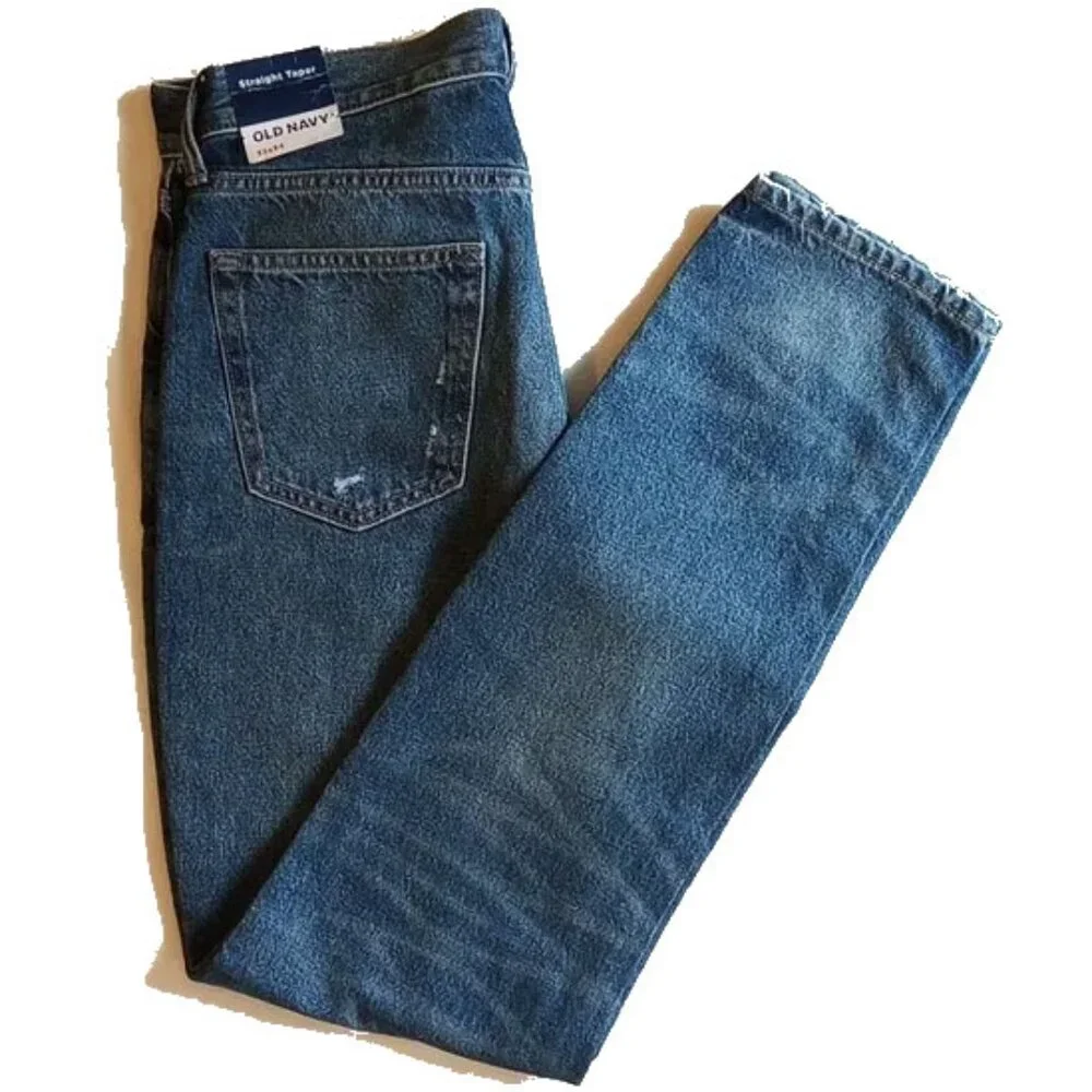 NWT Old Navy Straight Taper Jeans 32x34 33x34 Mid Rise Destroyed Medium Wash - Picture 1 of 11